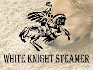 Black and white logo of a knight on a horse with wings, featuring the text "WHITE KNIGHT STEAMER," representing the professional cleaning service specializing in carpet and upholstery care.