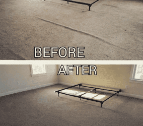 Before and after comparison of carpet cleaning, showcasing significant stain removal and restoration of carpet appearance.